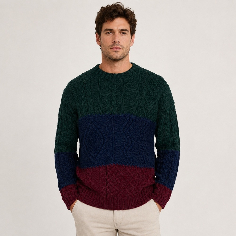 Stone Haven Vintage Sweater Mens XL Cable Knit Colorblock Green Navy Burgundy